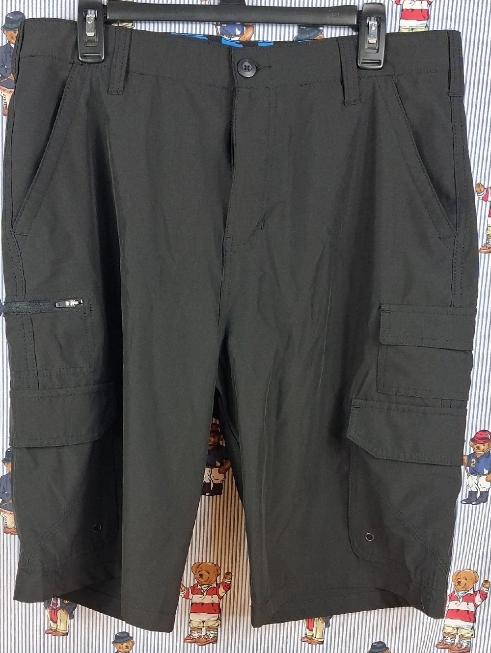 Iron Co Performance Stretch Tech Hybrid Cargo Black Flat Front Casusl Shorts 35
